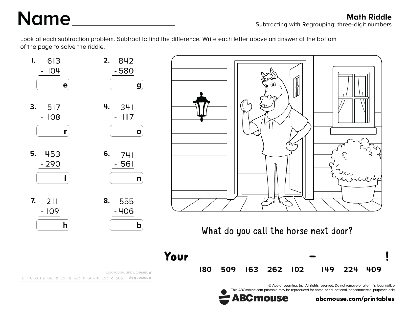 Free printable 2nd grade three digit subtraction worksheet for kids from ABCmouse.com.