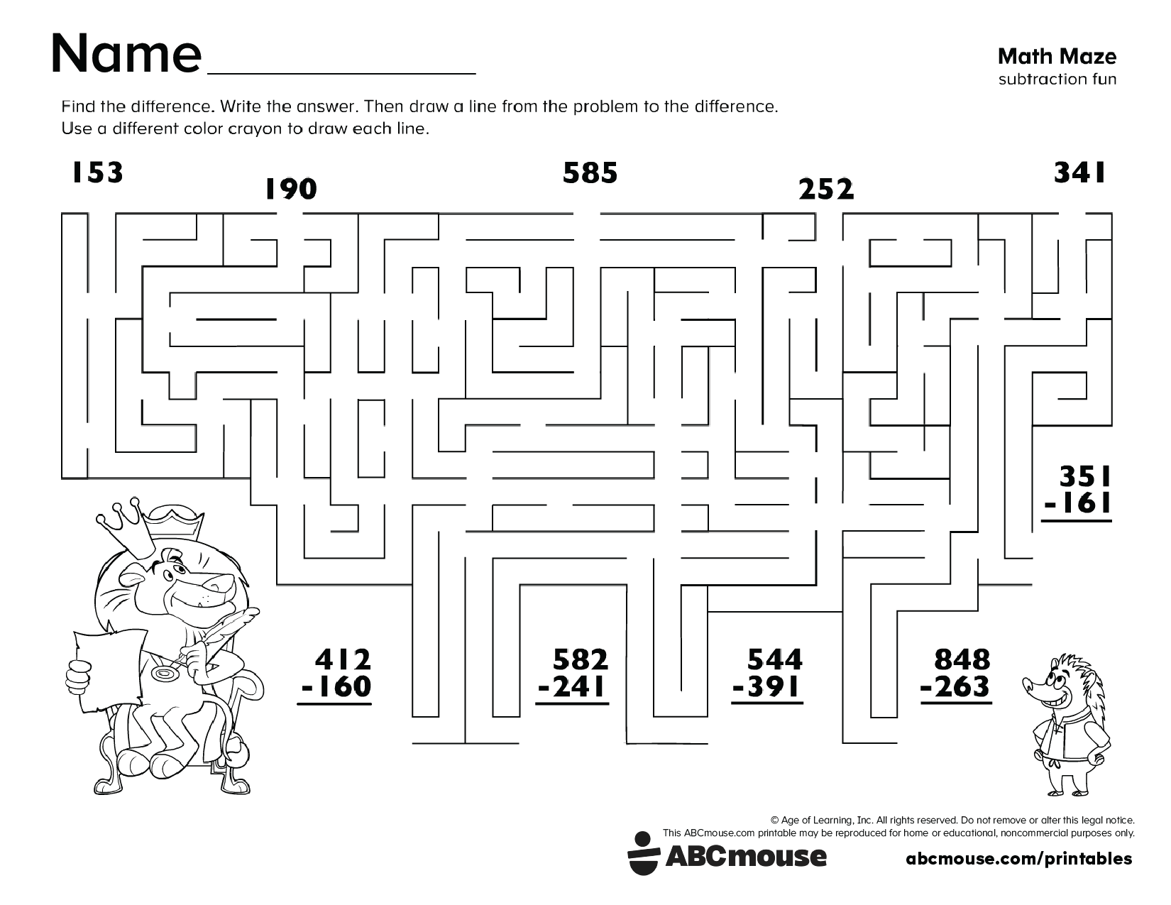 Free printable 2nd grade math maze subtraction worksheet for kids from ABCmouse.com.