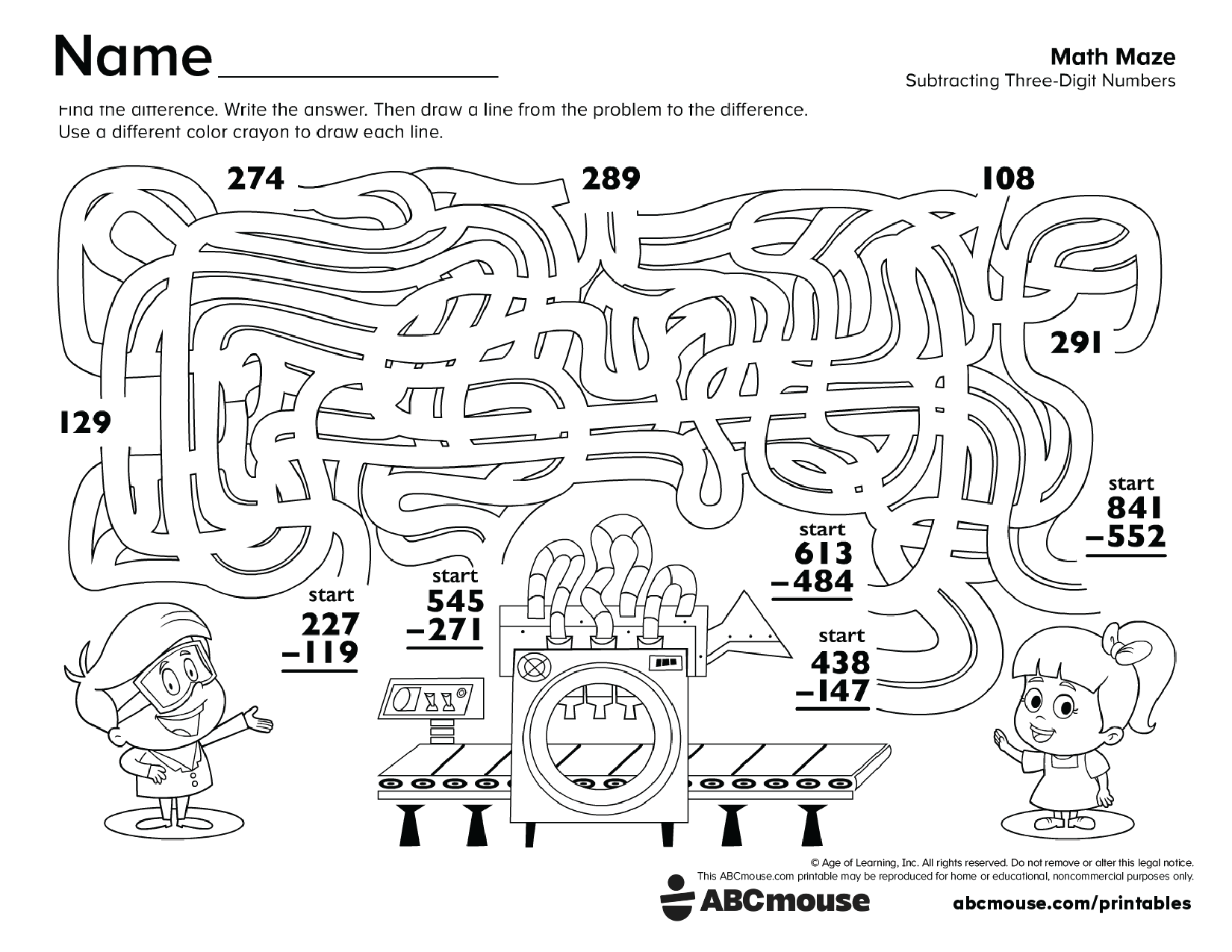 Free printable 2nd grade subtraction math maze worksheet for kids from ABCmouse.com.