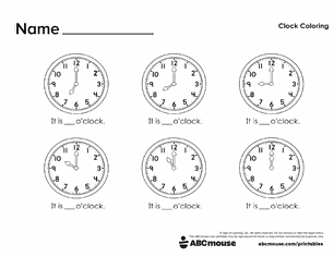 Free printable telling time worksheet 6 different analog clocks for kids from ABCmouse.com.