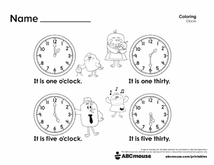 Free printable telling time worksheet 4 different analog clocks for kids from ABCmouse.com.