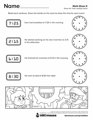 Free printable telling time worksheet draw the time analog clocks for kids from ABCmouse.com.