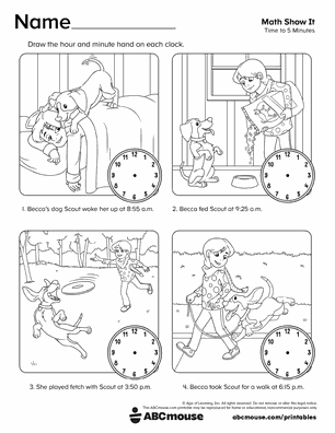 Free printable telling time worksheet draw the time analog clocks for kids from ABCmouse.com.