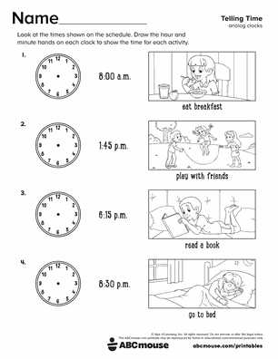 Free printable telling time worksheet draw the time analog clocks for kids from ABCmouse.com.