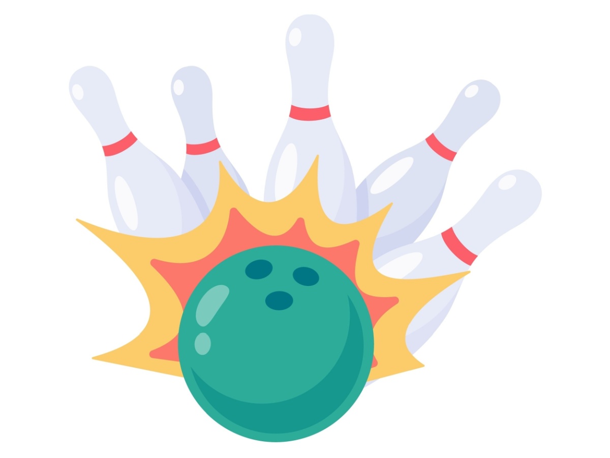 A colorful cartoon image of a bowling ball hitting bowling pins.