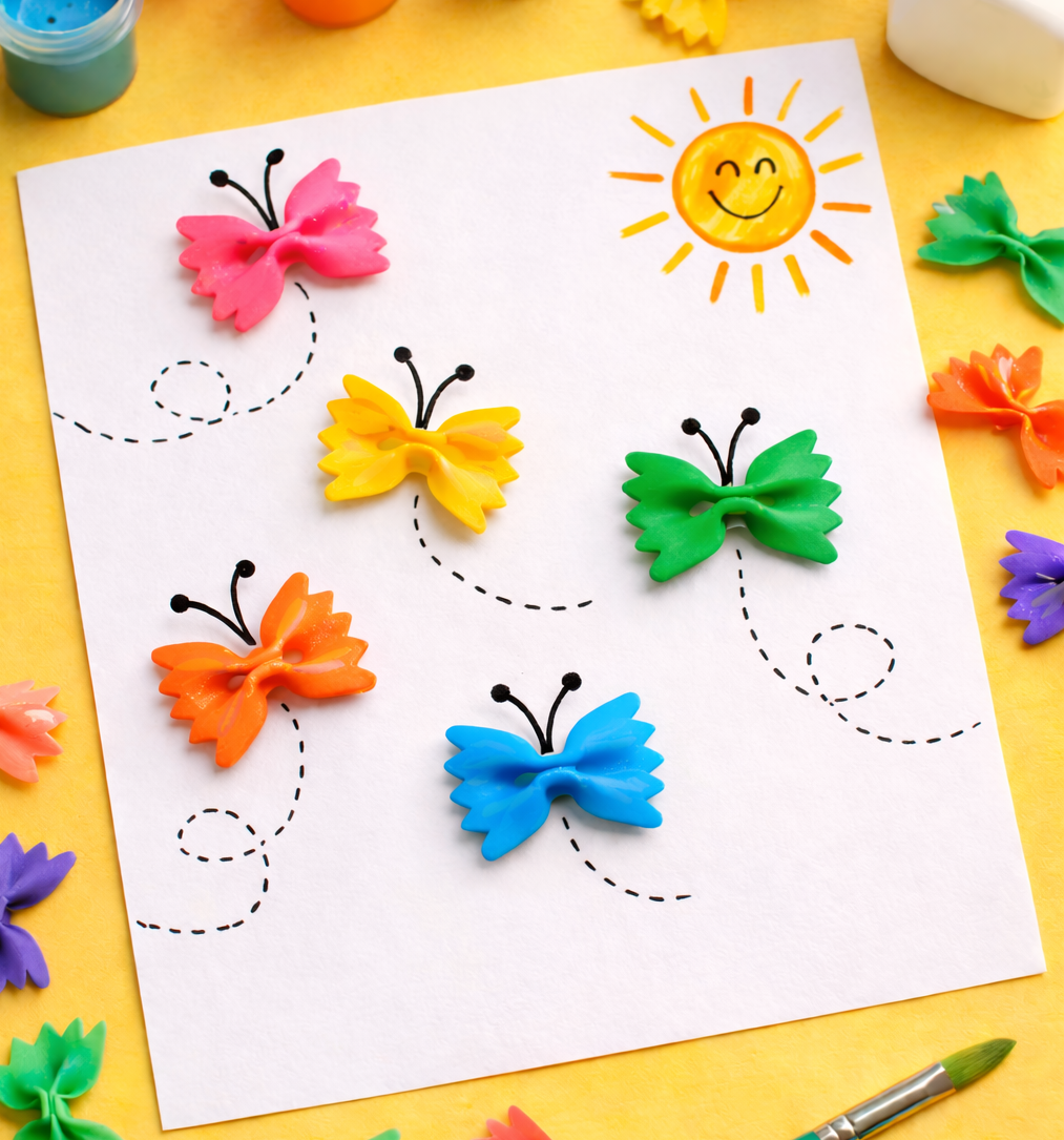 Illustration of a craft featuring dried pasta pieces painted in bright colors with black antennae to look like flying butterflies