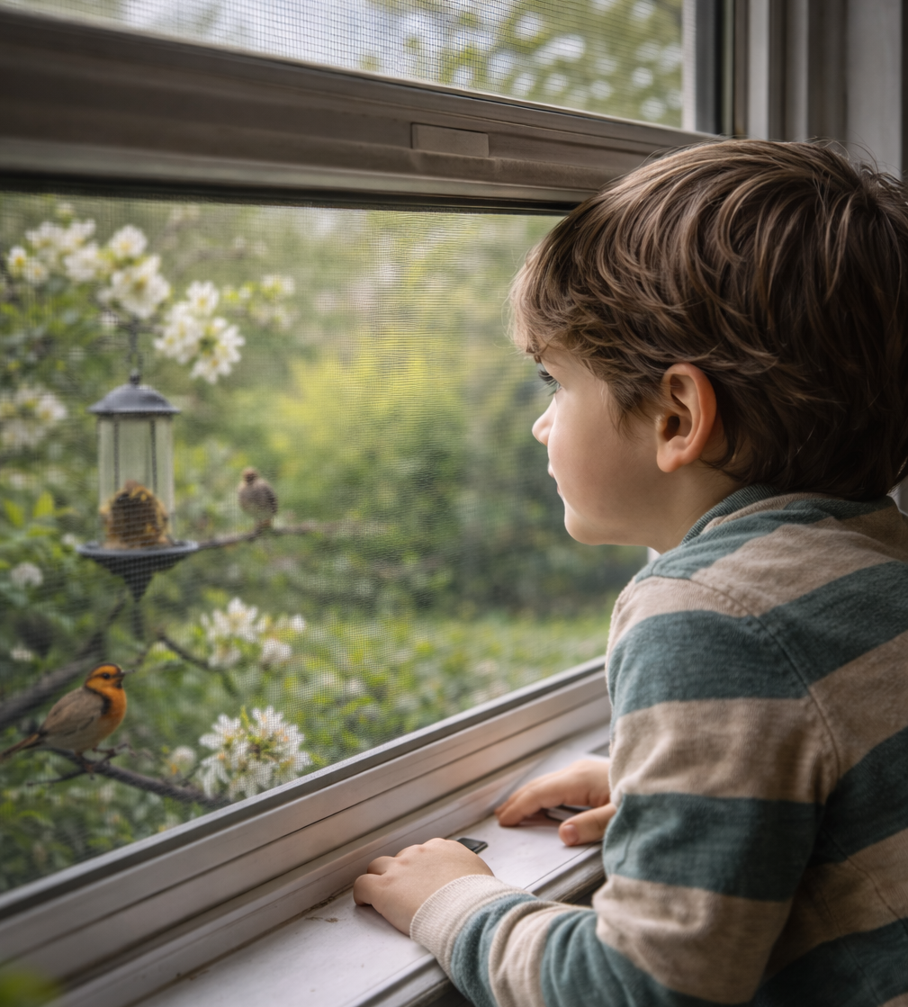 Young child looking out a window at birds gathered around a backyard feeder during spring.