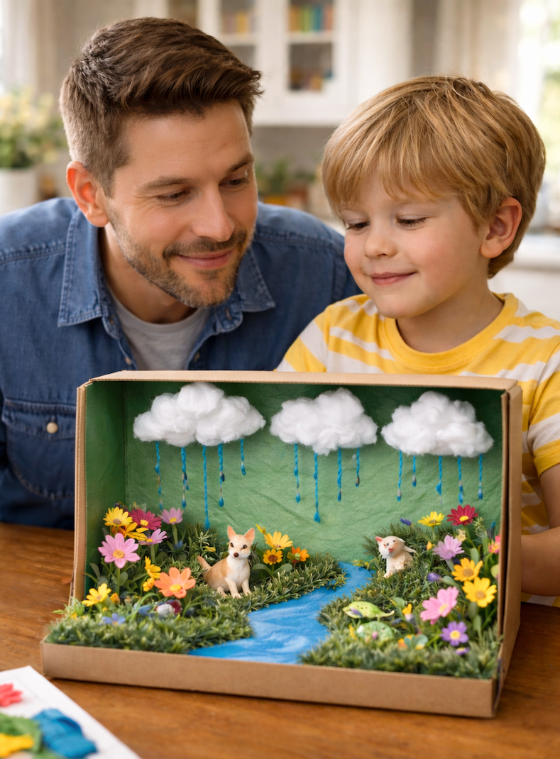 Father and young boy looking at a spring-themed diorama with cotton cloud rain, flowers, and small animal figures.