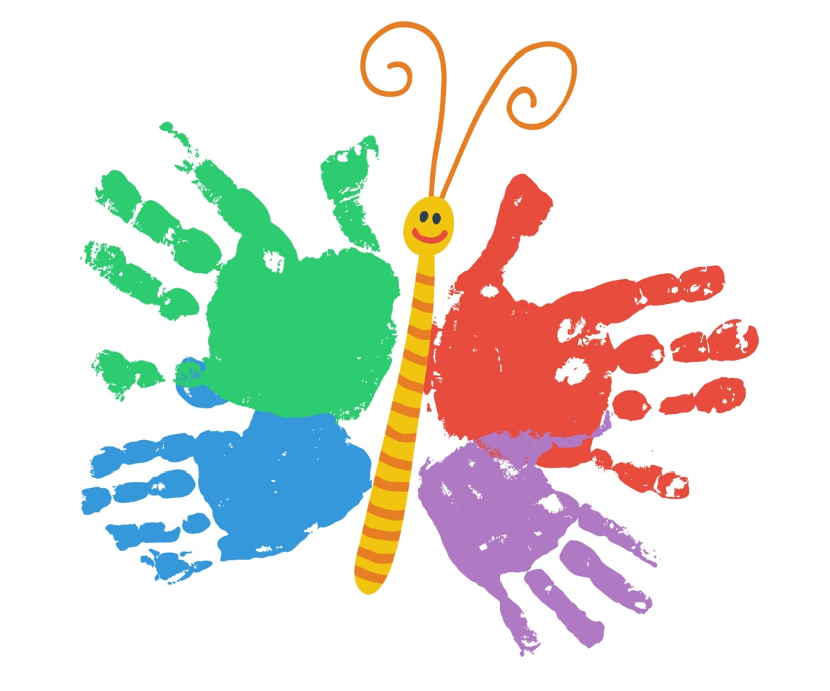 A colorful butterfly craft made from four painted handprints—green, red, blue, and purple—with a yellow striped body and smiling face in the center.