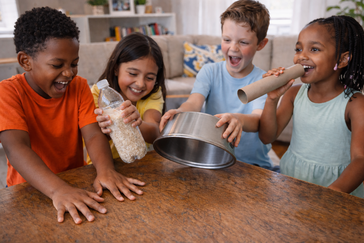 Four children making rainstorm sounds with household items like a bottle of rice, a metal bowl, and a cardboard tube during a spring activity.