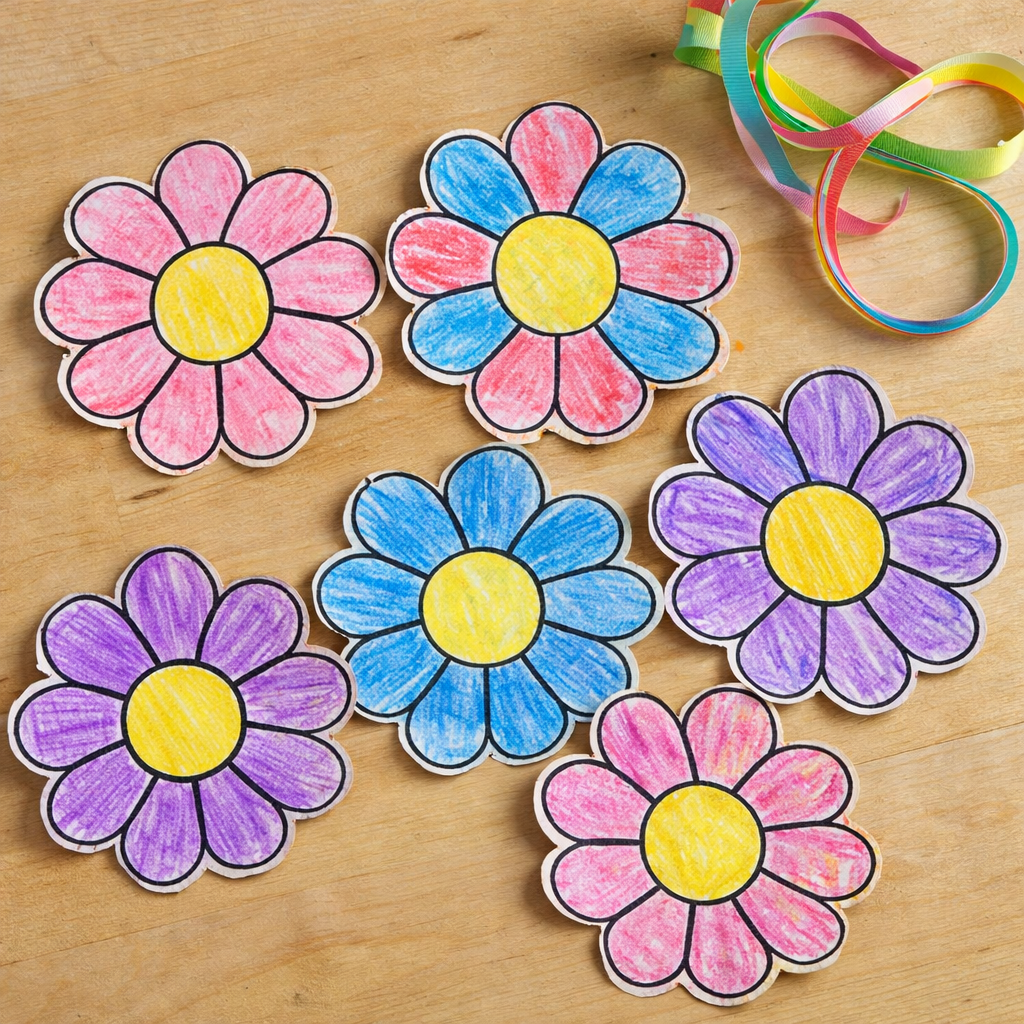 Six colorful paper flower crafts with yellow centers and pink, blue, and purple petals, arranged on a wooden table with curling ribbon nearby.