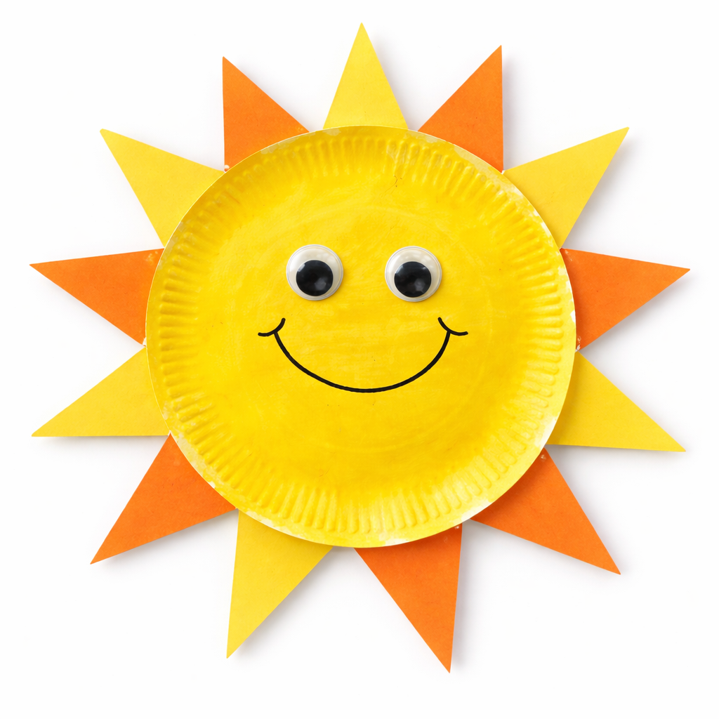 Bright yellow paper plate sun craft with orange paper rays, googly eyes, and a smiling face on a white background.