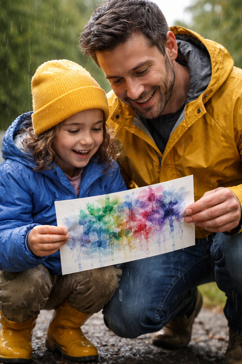 Parent and young child in rain jackets observing puddles along a country path during a spring walk.
Parent and child in rain jackets smiling while holding a colorful watercolor painting made in the rain during a spring activity.