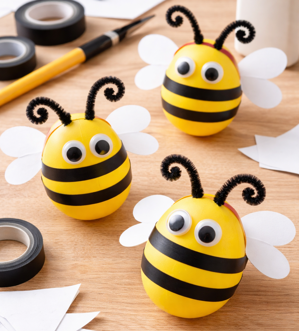 Three cute bee crafts made from painted yellow egg-shaped bases with black stripes, googly eyes, curly pipe cleaner antennae, and white paper wings, arranged on a wooden table with craft supplies nearby.