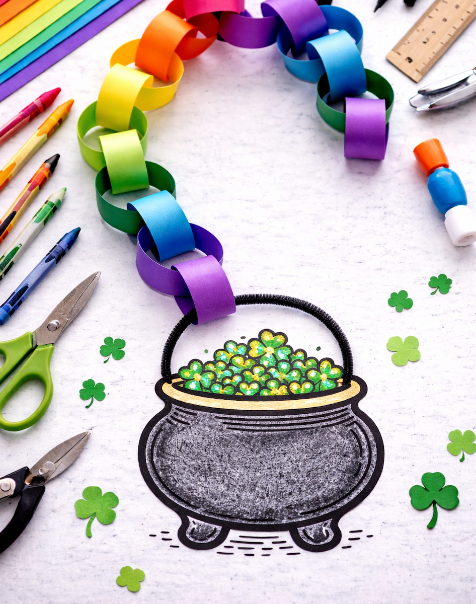 A St. Patrick’s Day craft featuring a rainbow paper chain leading to a black pot filled with green and gold coins, surrounded by crayons, scissors, glue, and small shamrock cutouts on a table.