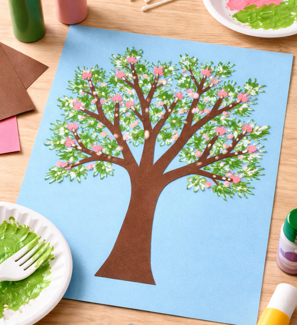 A spring tree art project showing a brown paper tree trunk on blue paper, with green painted leaves and pink blossom accents created using fingerprints, surrounded by paint and craft supplies on a table.