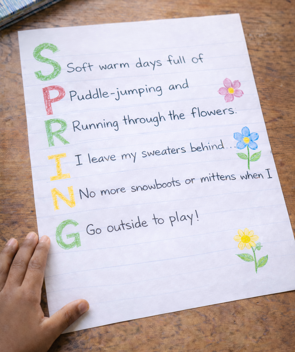 Child’s hand holding a colorful SPRING acrostic poem decorated with small flower drawings on lined paper.