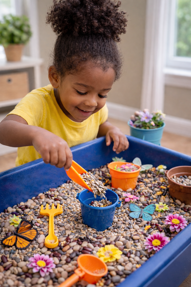 Child using fingerprint painting to create pink flowers with green stems on white paper, with open paint containers nearby.
Smiling child scooping seeds in a spring-themed sensory bin filled with pebbles, flowers, and butterfly toys.
