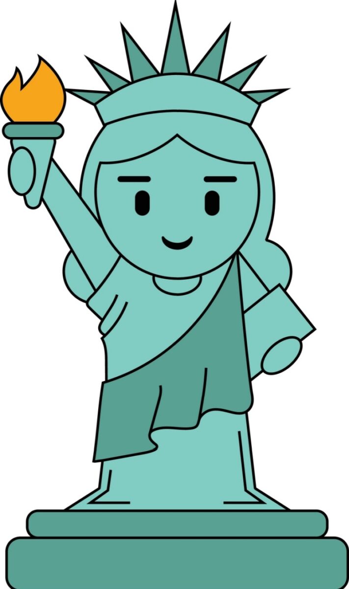 A colorful cartoon statue of liberty.