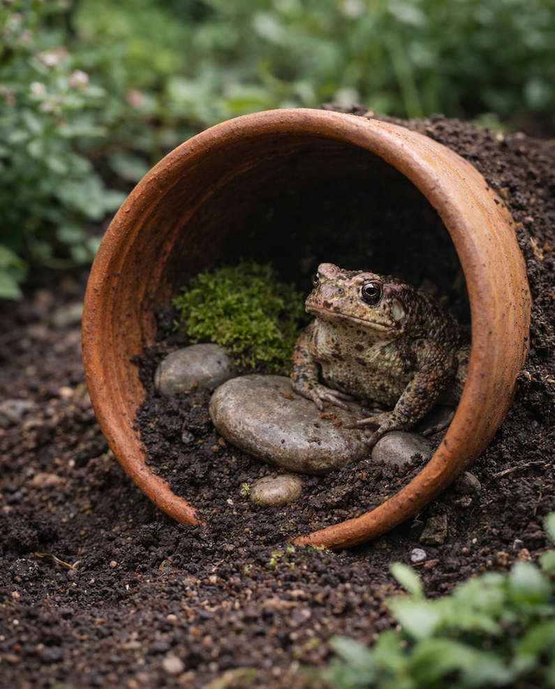 Toad resting inside a small terra cotta pot used as a homemade toad house in a garden.
