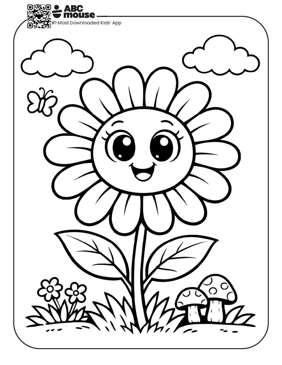Smiling Flower Coloring Page with Additional Nature Elements | ABCmouse