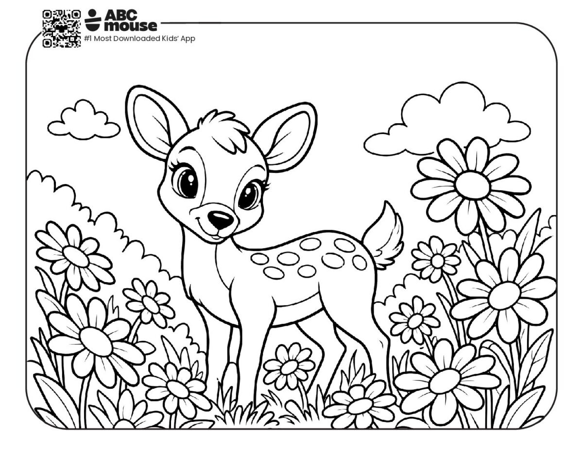 Cute Deer with Flowers Coloring Page with Clear Outlines | ABCmouse