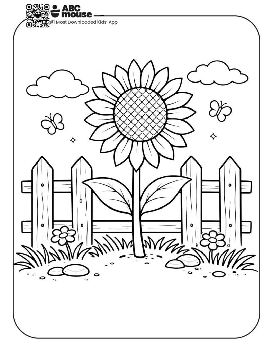 Simple flower and fence Coloring Page for young kids | ABCmouse