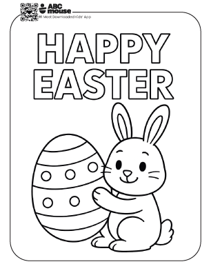 Free printable simple easter coloring page for kids from ABCmouse.com featuring a bunny hugging a decorated Easter egg with the words “HAPPY EASTER” above.