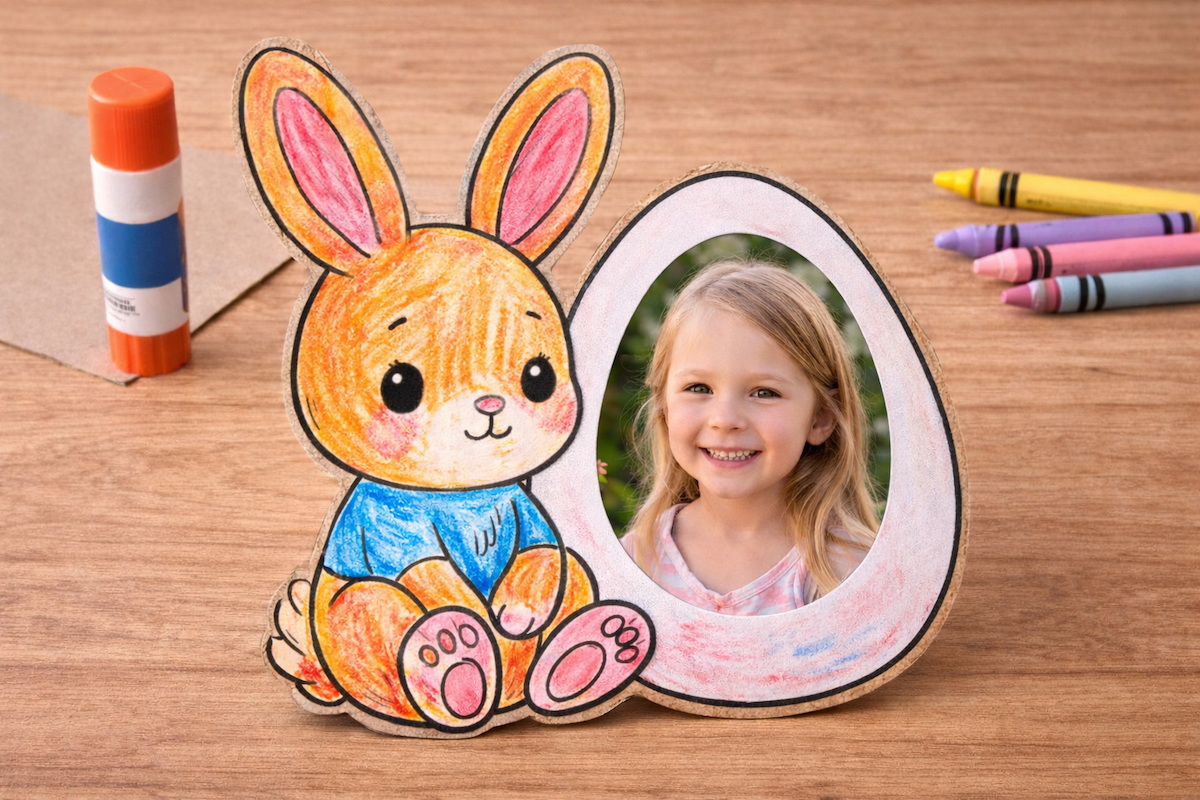 Colored bunny cutout craft holding an egg-shaped photo frame with a smiling child’s picture inside, placed on a wooden table with crayons nearby.