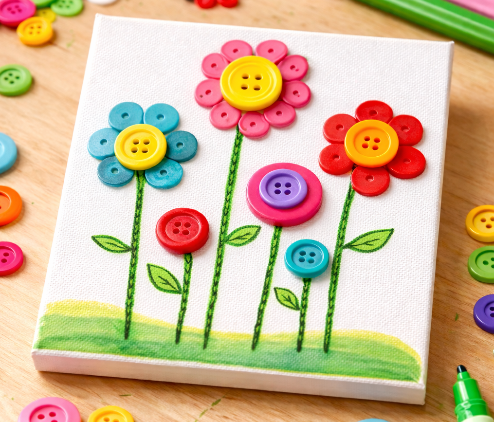 Canvas art with flowers made from colorful buttons, featuring green stems and leaves on a painted background.