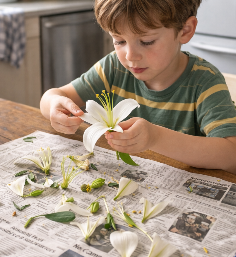 Child dissecting a white flower on a table covered with newspaper.