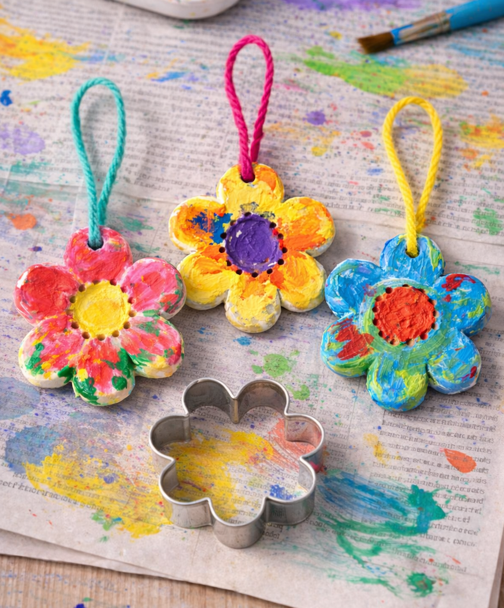 Brightly painted flower-shaped clay ornaments with string for hanging.