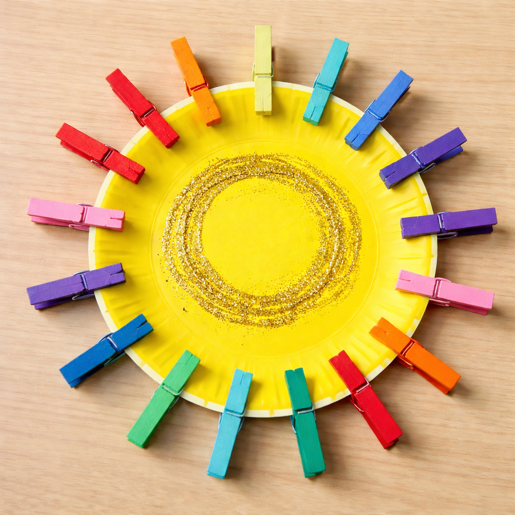 Yellow paper plate sun with glitter center and rainbow-colored clothespins clipped around the edges as rays.