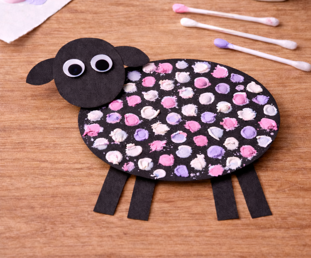 Black paper sheep craft decorated with colorful paint dots, featuring googly eyes and four simple black paper legs, with cotton swabs nearby.