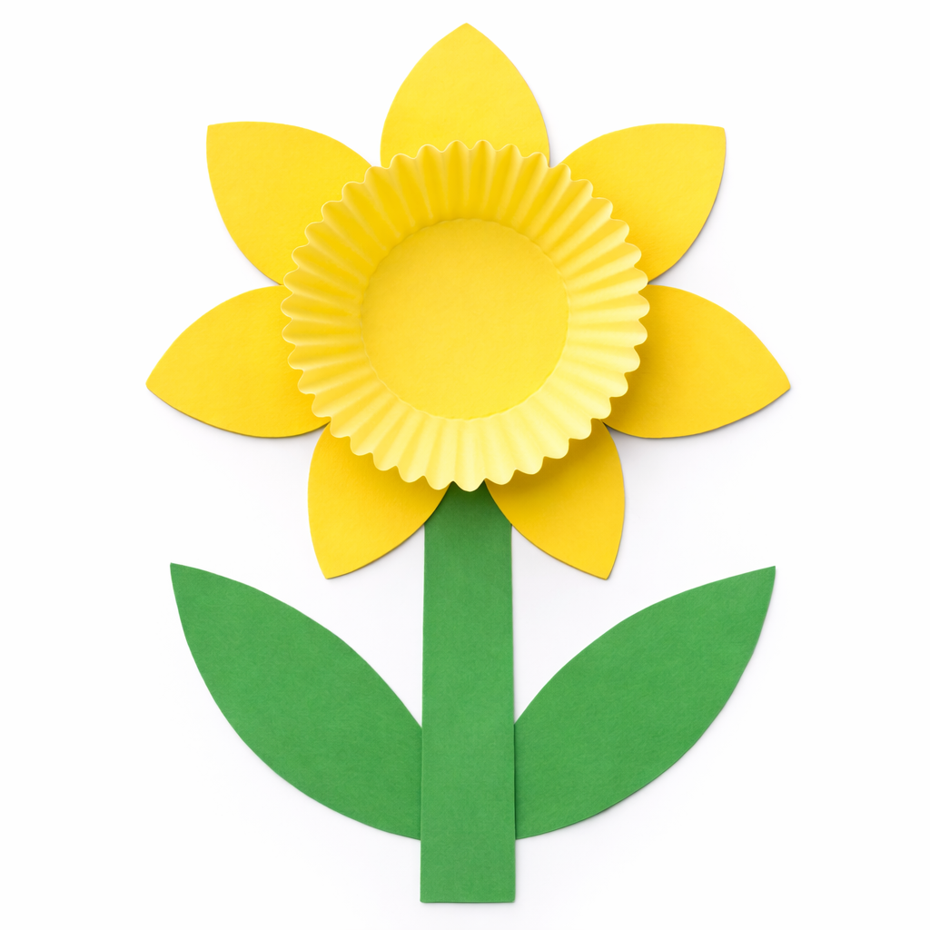 Layered yellow paper sunflower with green leaves on a plain background.