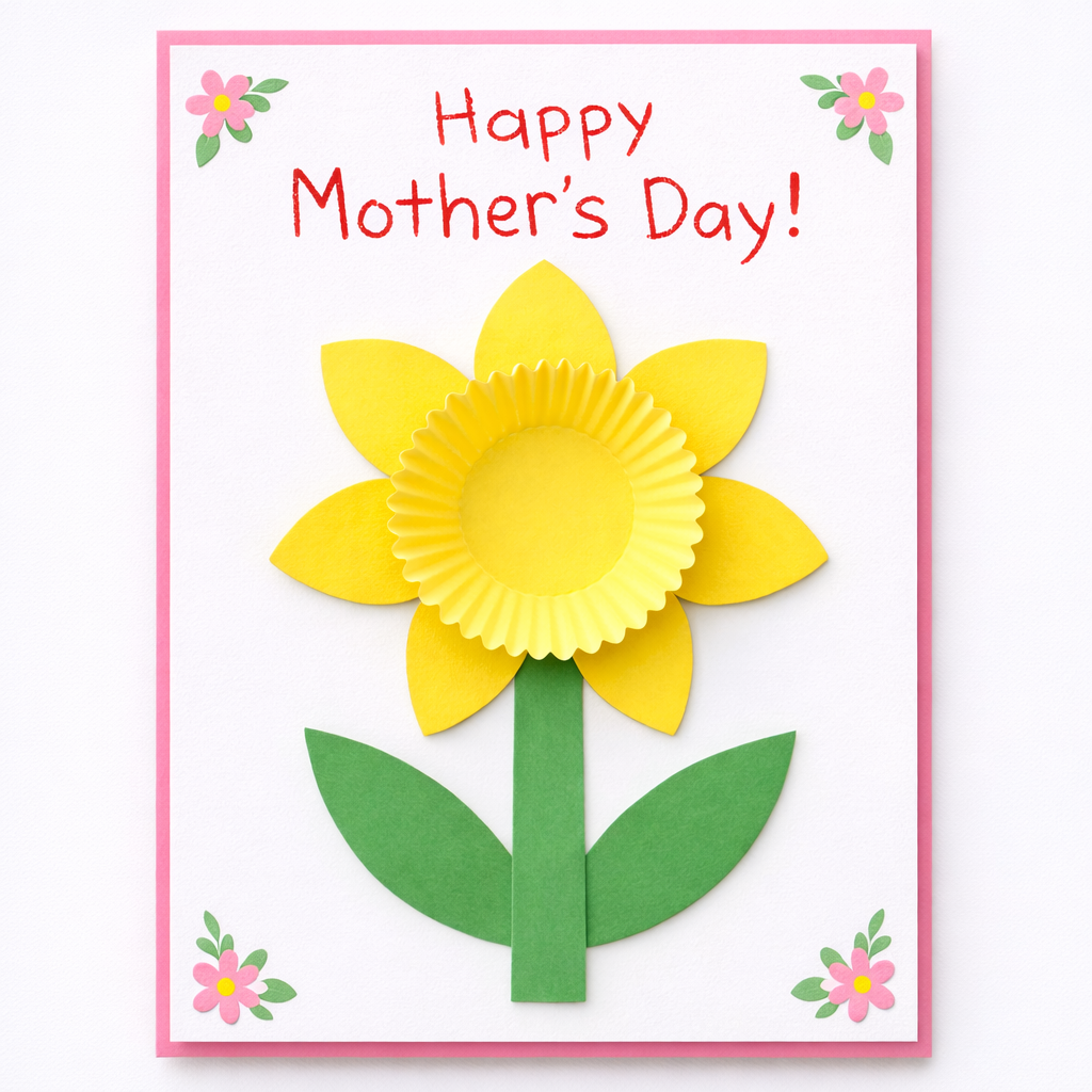 Handmade Mother’s Day card featuring a yellow paper flower with layered petals and a cupcake liner center, green stem and leaves, and the words “Happy Mother’s Day!” written at the top with small pink flowers in the corners.
