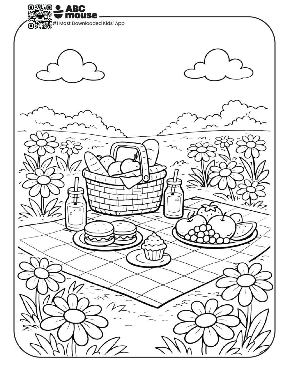 daisies around a picnic free printable coloring page for kids from ABCmouse.com outdoor picnic scene with flowers and food