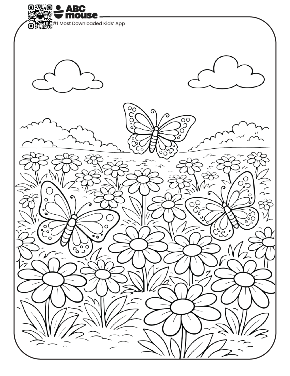 butterflies with daisies free printable coloring page for kids from ABCmouse.com detailed flower field with butterflies