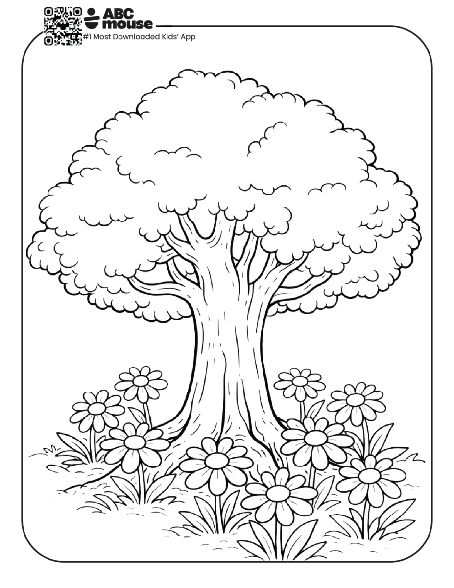 daisies with a tree free printable coloring page for kids from ABCmouse.com nature scene with tree and flowers