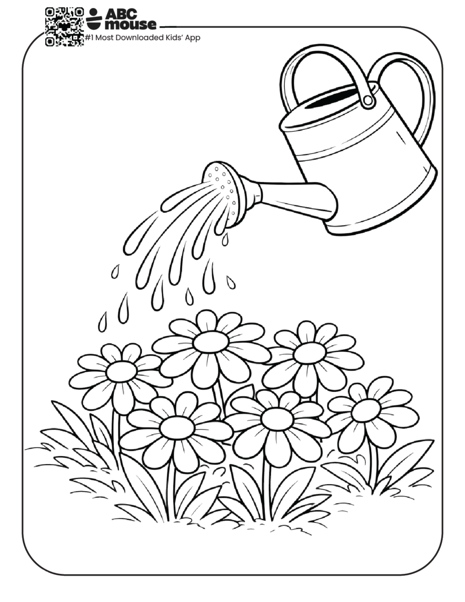 daisies being watered free printable coloring page for kids from ABCmouse.com watering can pouring water on flowers