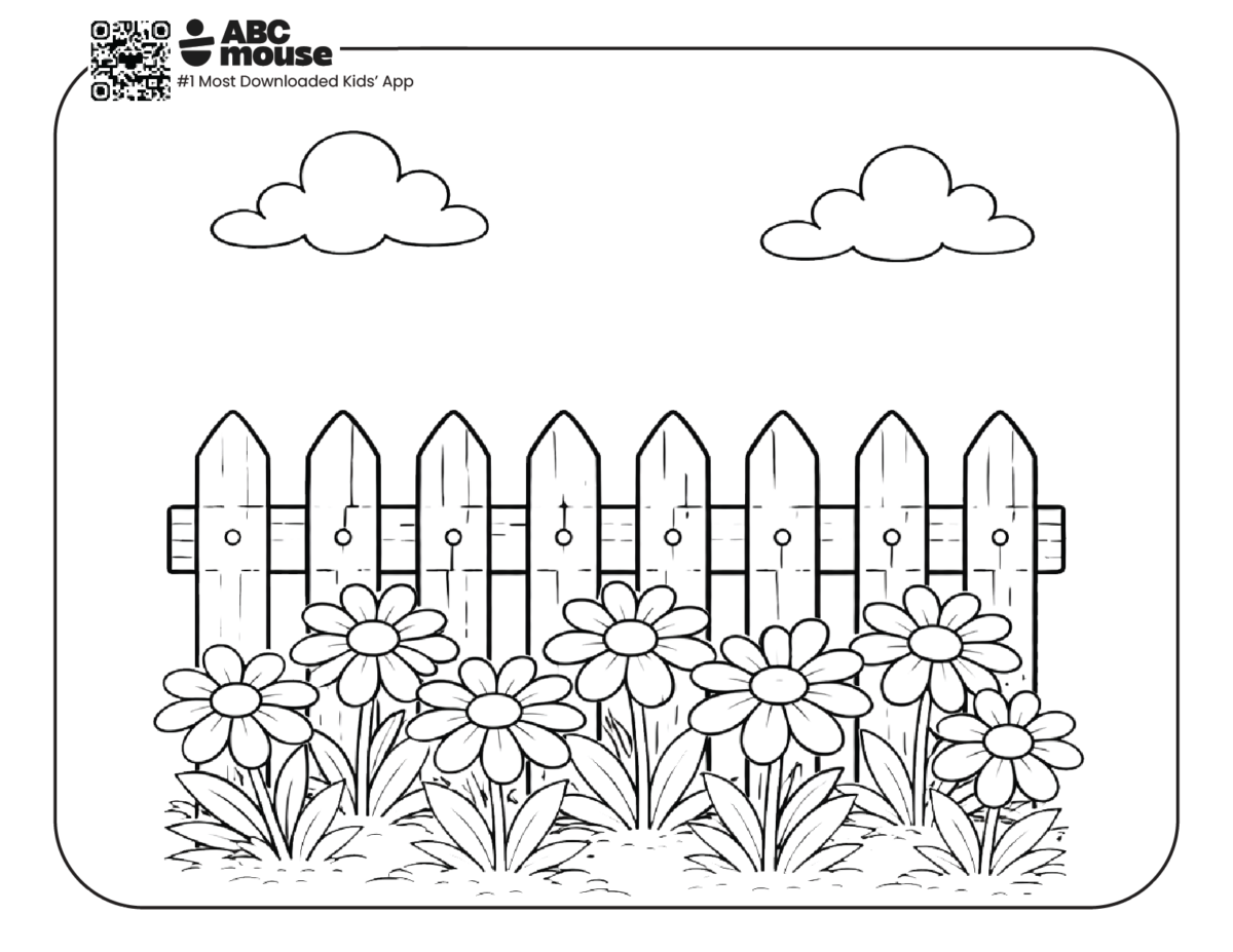 daisies in front of a fence free printable coloring page for kids from ABCmouse.com garden flowers with picket fence