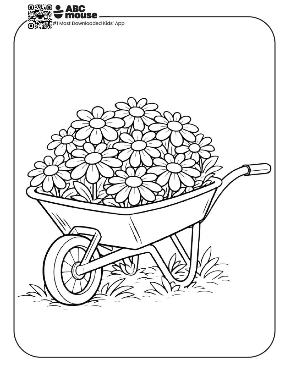 daisies in a wheelbarrow free printable coloring page for kids from ABCmouse.com garden cart filled with flowers