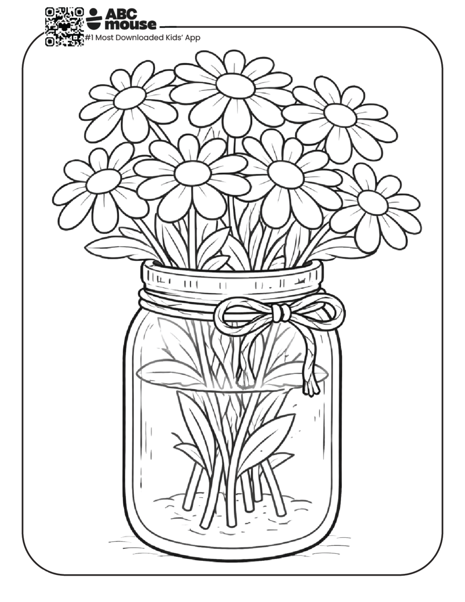 daisies in a jar free printable coloring page for kids from ABCmouse.com mason jar filled with flowers illustration