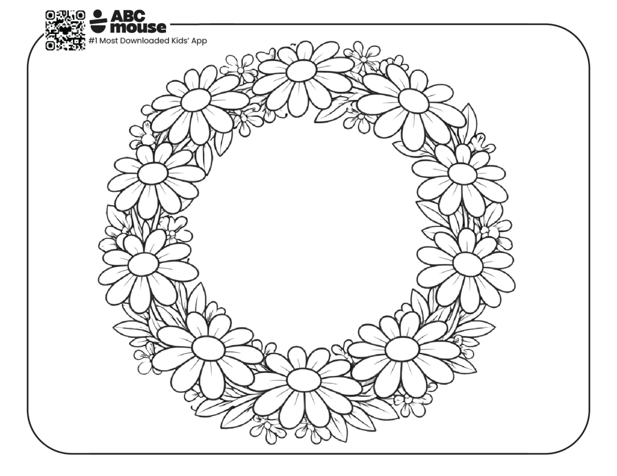daisies in a circle shape free printable coloring page for kids from ABCmouse.com floral heart wreath design