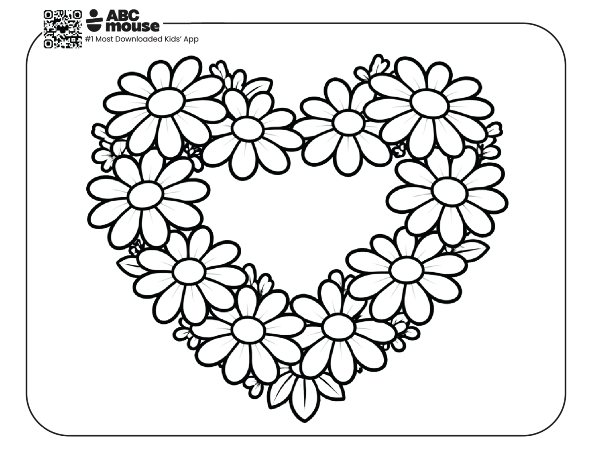 daisies in a heart shape free printable coloring page for kids from ABCmouse.com floral heart wreath design
