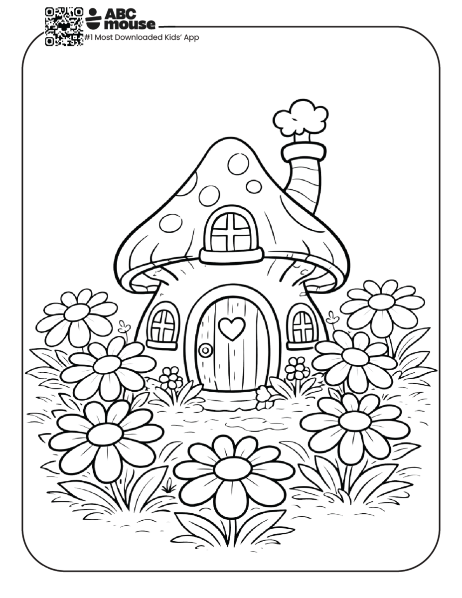 mushroom cottage in a garden of daisies free printable coloring page for kids from ABCmouse.com whimsical house with flowers
