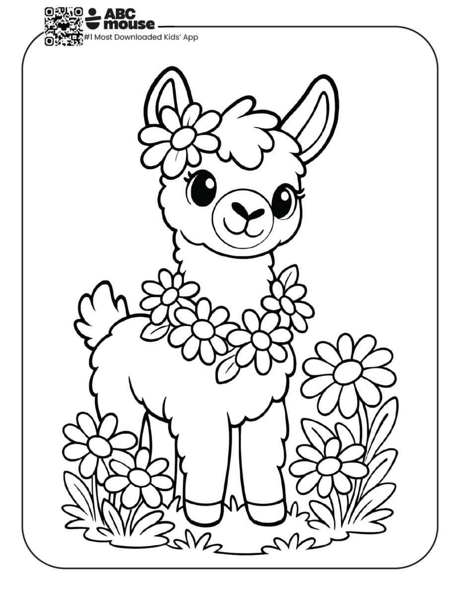 llama with daisy necklace free printable coloring page for kids from ABCmouse.com cute llama with flower garland