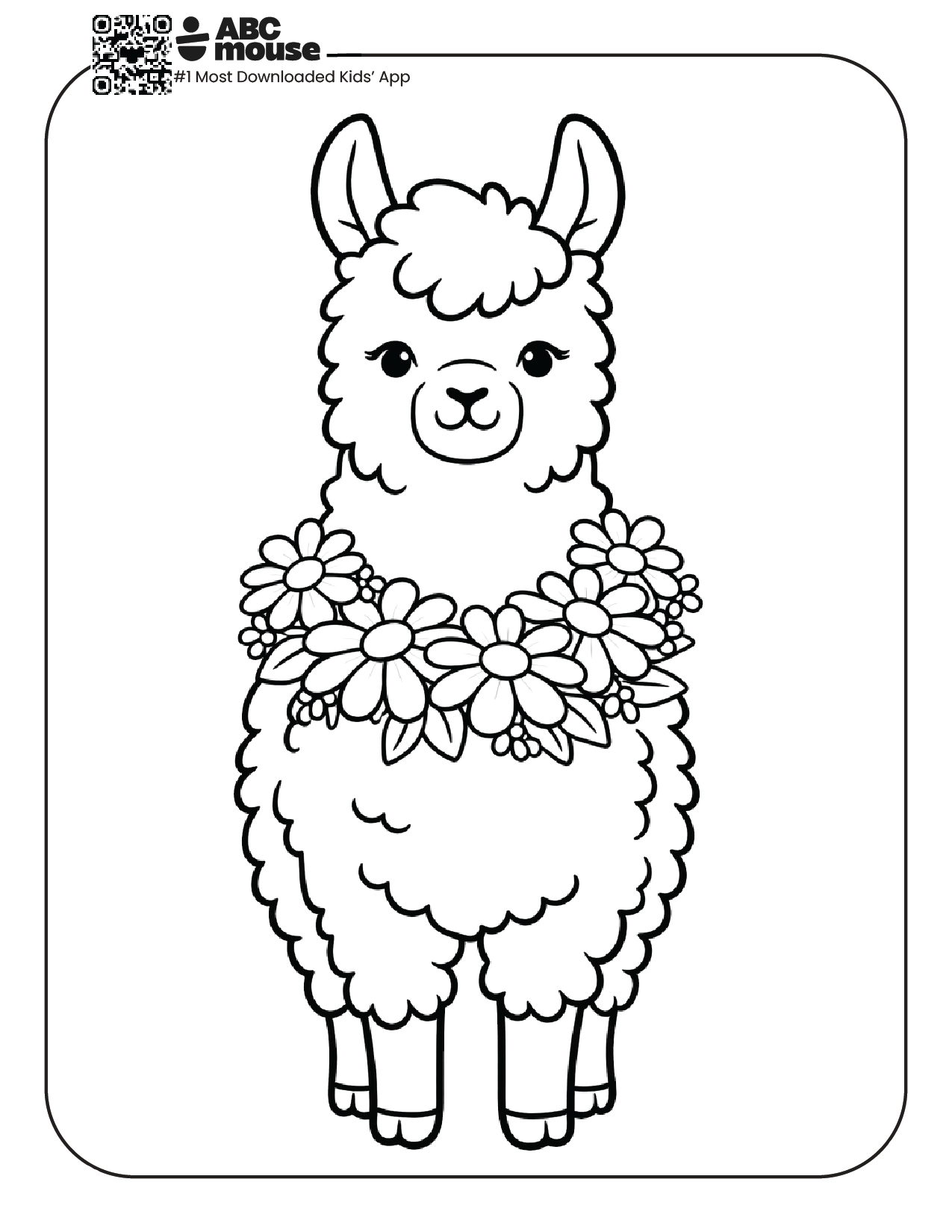 llama wearing daisy necklace free printable coloring page for kids from ABCmouse.com fluffy llama with flower crown necklace