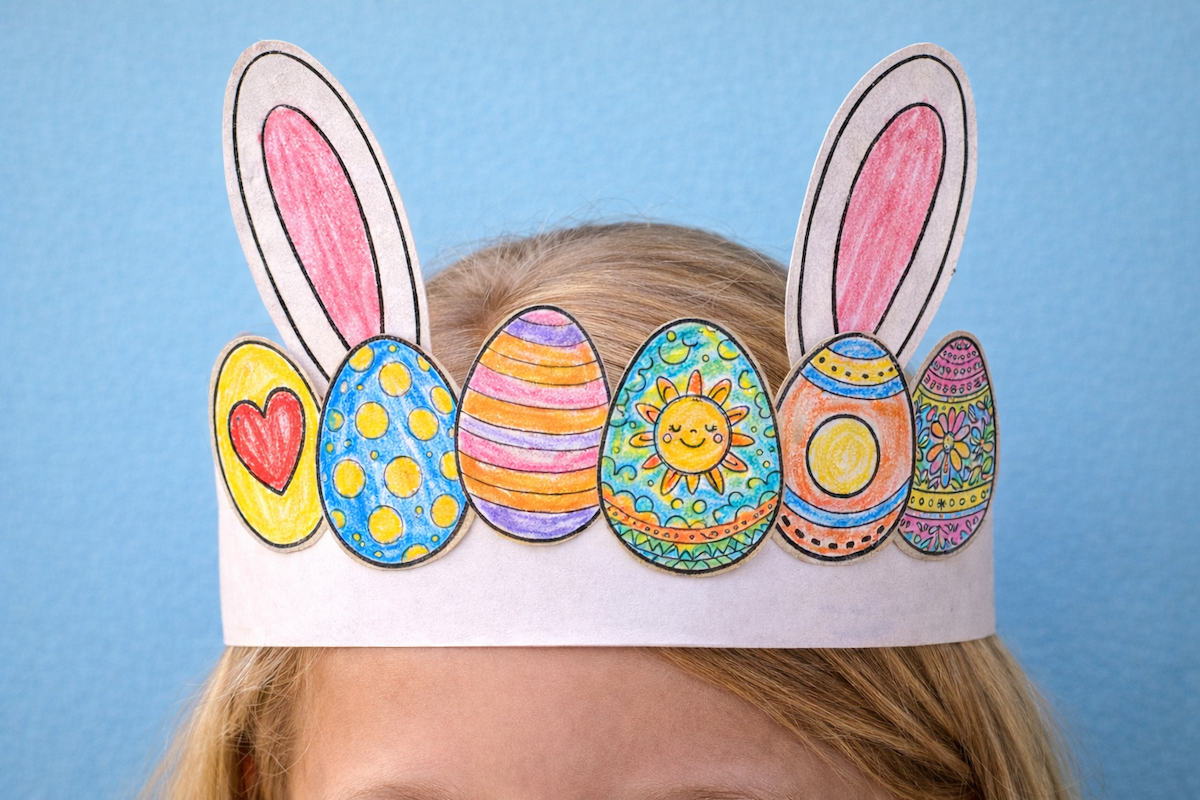 Printable Easter crown craft worn on a child’s head, featuring tall bunny ears and colorful decorated eggs across the front.