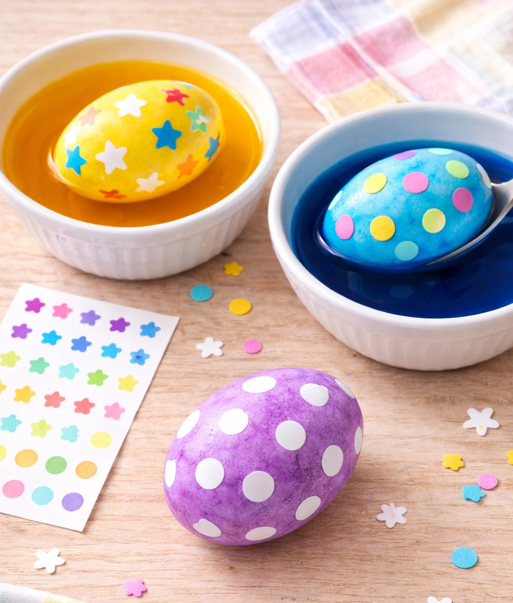 Painted Easter eggs decorated with colorful sticker dots and stars, sitting in bowls of dye with extra stickers scattered on the table.